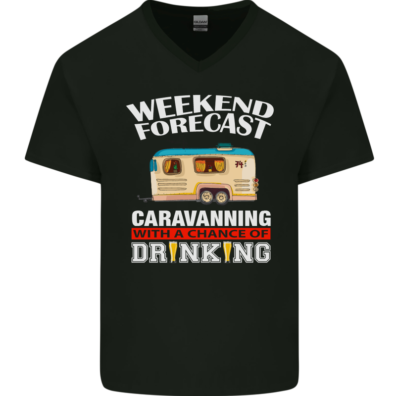Caravan Weekend Forecast Caravanning Mens V-Neck Cotton T-Shirt Black