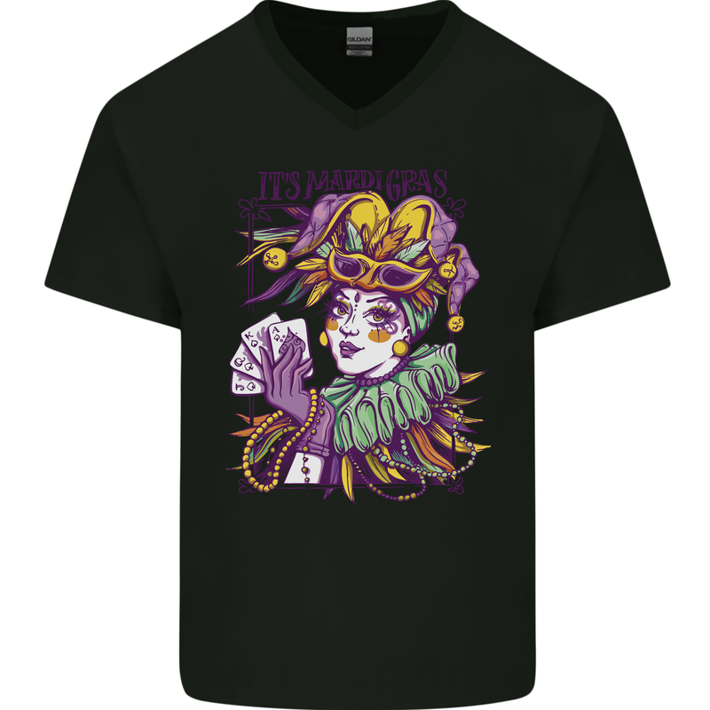 Carnival Its Mardi Gras Mens V-Neck Cotton T-Shirt Black