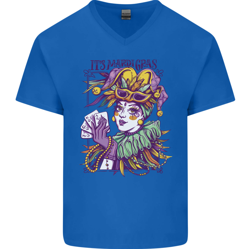 Carnival Its Mardi Gras Mens V-Neck Cotton T-Shirt Royal Blue