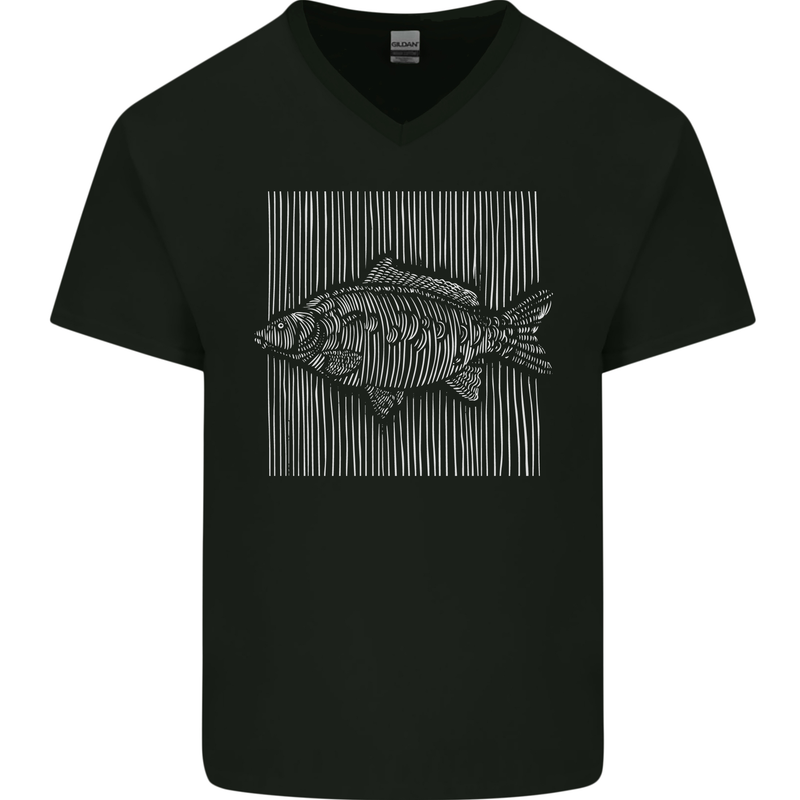 Carp Lines Fishing Fisherman Fish Angling Mens V-Neck Cotton T-Shirt Black