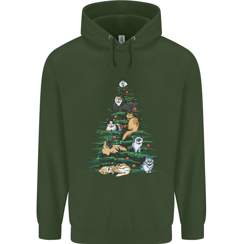 Cat Christmas Tree Childrens Kids Hoodie Forest Green