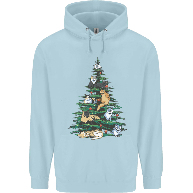 Cat Christmas Tree Childrens Kids Hoodie Light Blue