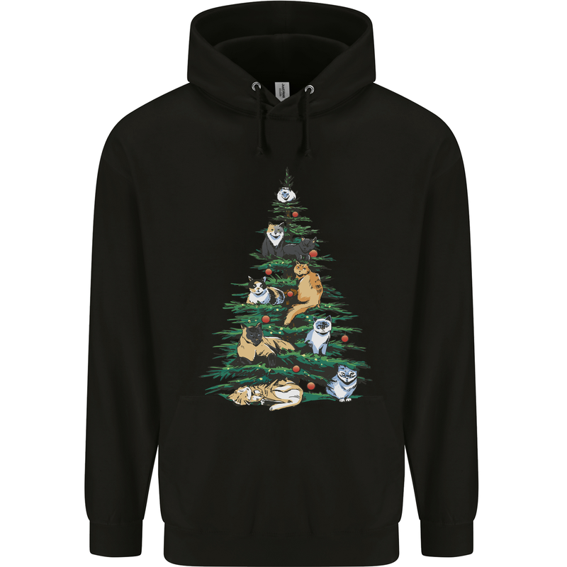 Cat Christmas Tree Mens 80% Cotton Hoodie Black