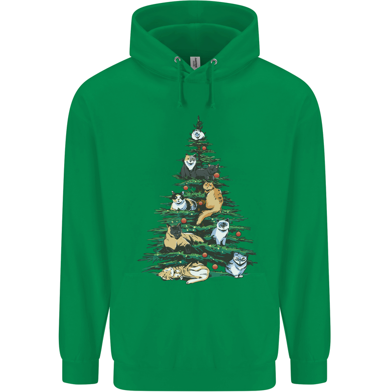 Cat Christmas Tree Mens 80% Cotton Hoodie Irish Green