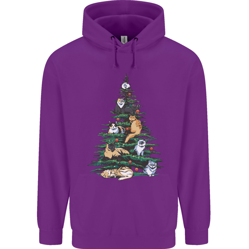 Cat Christmas Tree Mens 80% Cotton Hoodie Purple
