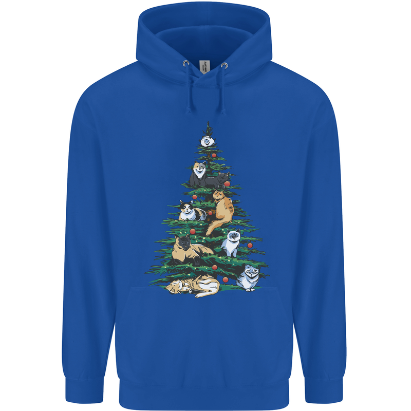 Cat Christmas Tree Mens 80% Cotton Hoodie Royal Blue