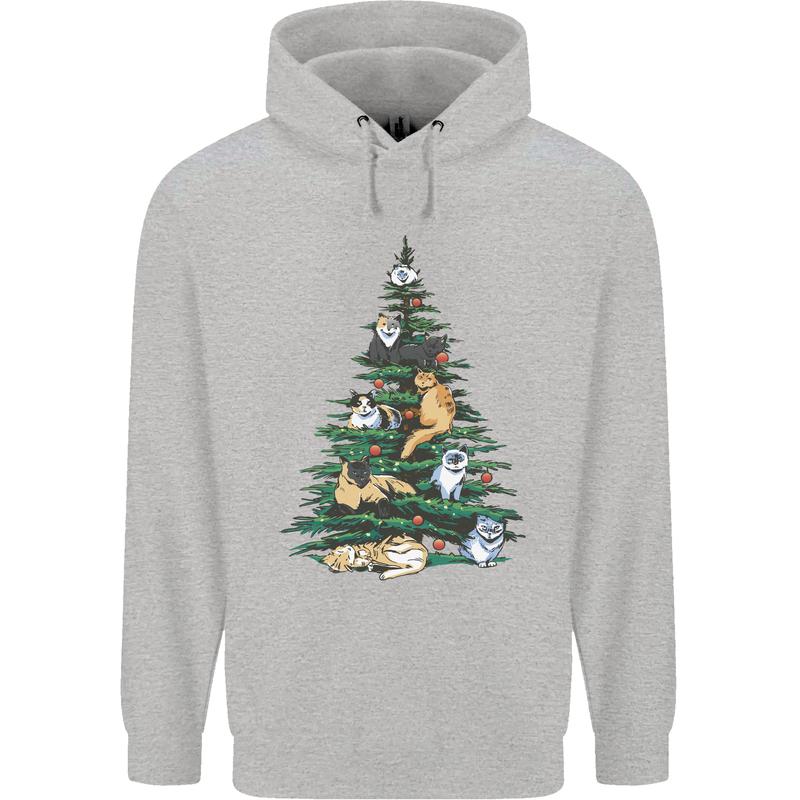 Cat Christmas Tree Mens 80% Cotton Hoodie Sports Grey