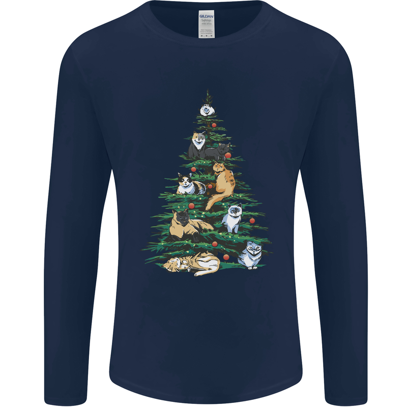 Cat Christmas Tree Mens Long Sleeve T-Shirt Navy Blue