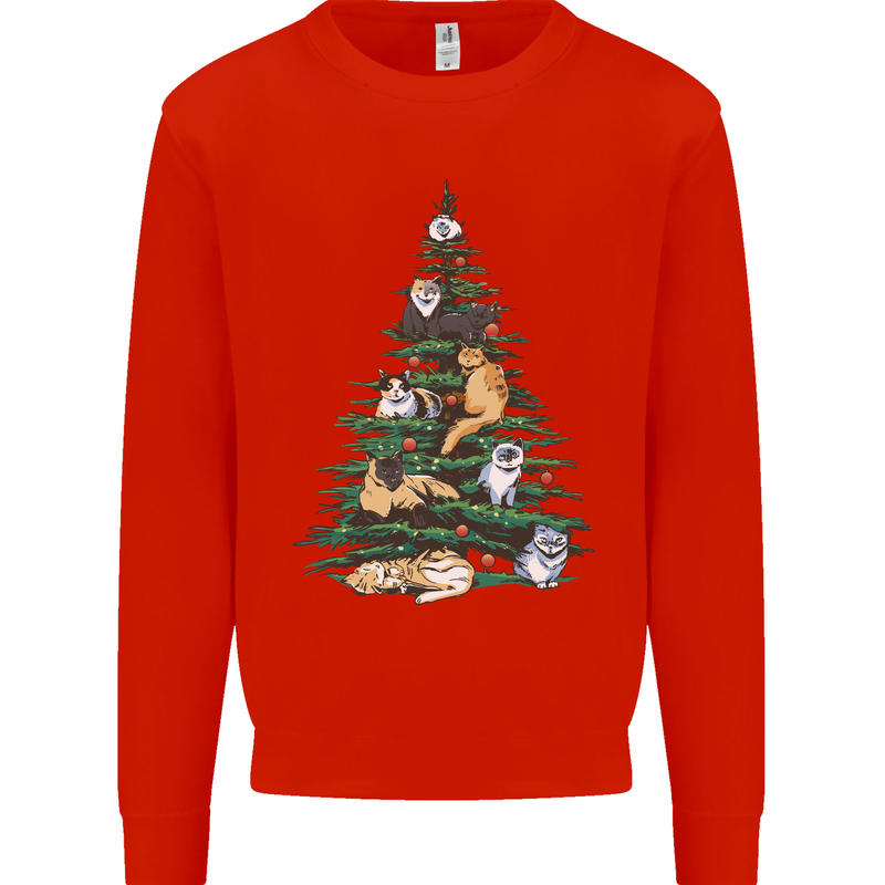 Cat Christmas Tree Mens Sweatshirt Jumper Bright Red