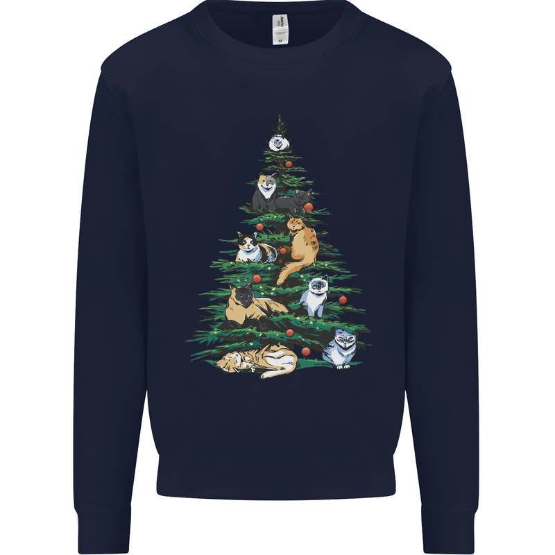 Cat Christmas Tree Mens Sweatshirt Jumper Navy Blue