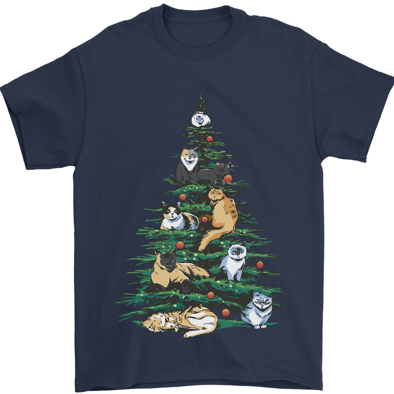 Cat Christmas Tree Mens T-Shirt Cotton Gildan Navy Blue