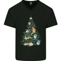 Cat Christmas Tree Mens V-Neck Cotton T-Shirt Black