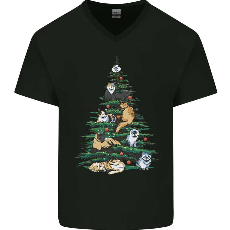 Cat Christmas Tree Mens V-Neck Cotton T-Shirt Black