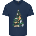 Cat Christmas Tree Mens V-Neck Cotton T-Shirt Navy Blue