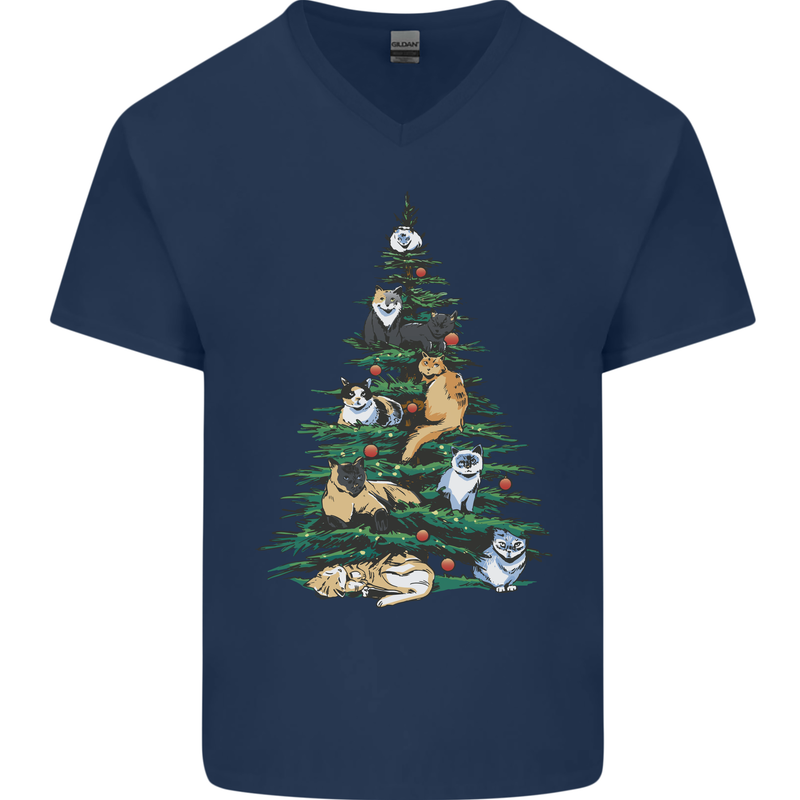 Cat Christmas Tree Mens V-Neck Cotton T-Shirt Navy Blue