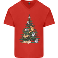 Cat Christmas Tree Mens V-Neck Cotton T-Shirt Red