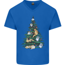 Cat Christmas Tree Mens V-Neck Cotton T-Shirt Royal Blue