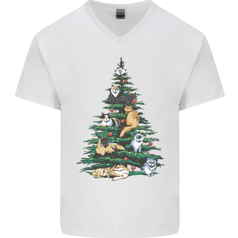 Cat Christmas Tree Mens V-Neck Cotton T-Shirt White