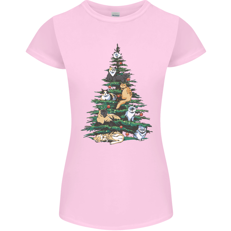 Cat Christmas Tree Womens Petite Cut T-Shirt Light Pink
