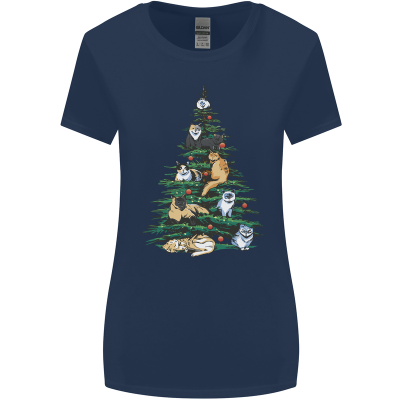 Cat Christmas Tree Womens Wider Cut T-Shirt Navy Blue
