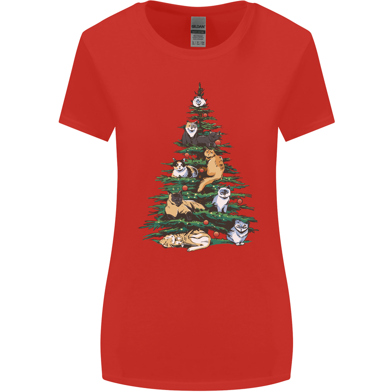 Cat Christmas Tree Womens Wider Cut T-Shirt Red