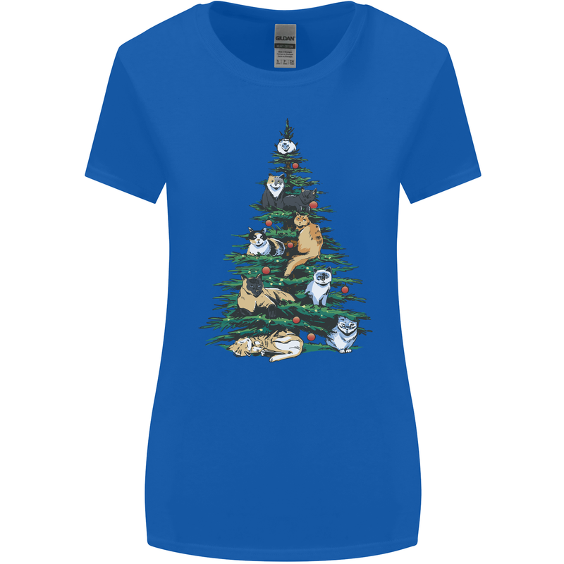 Cat Christmas Tree Womens Wider Cut T-Shirt Royal Blue