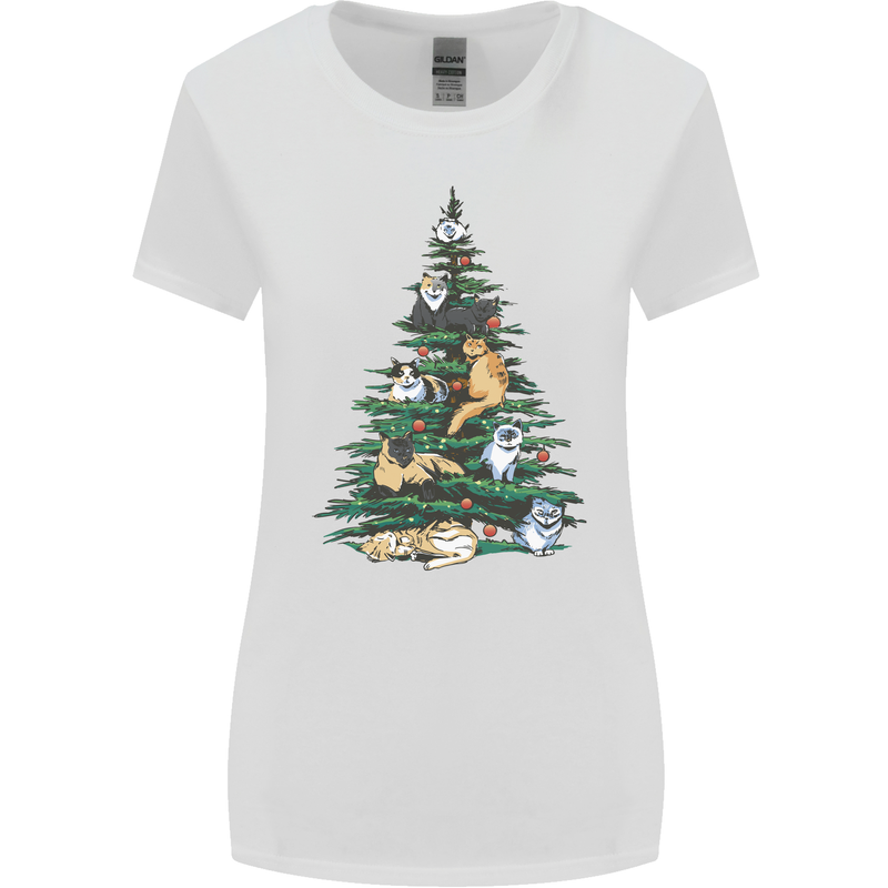 Cat Christmas Tree Womens Wider Cut T-Shirt White
