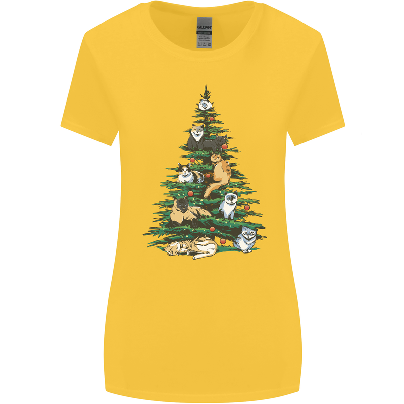 Cat Christmas Tree Womens Wider Cut T-Shirt Yellow