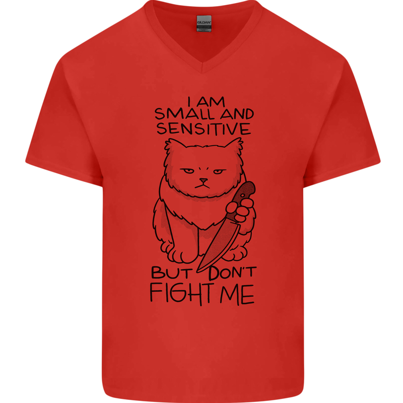 Cat Dont Fight Me Funny Mens V-Neck Cotton T-Shirt Red