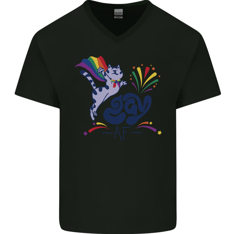 Cat Gay AF LGBT Gay Pride Mens V-Neck Cotton T-Shirt Black