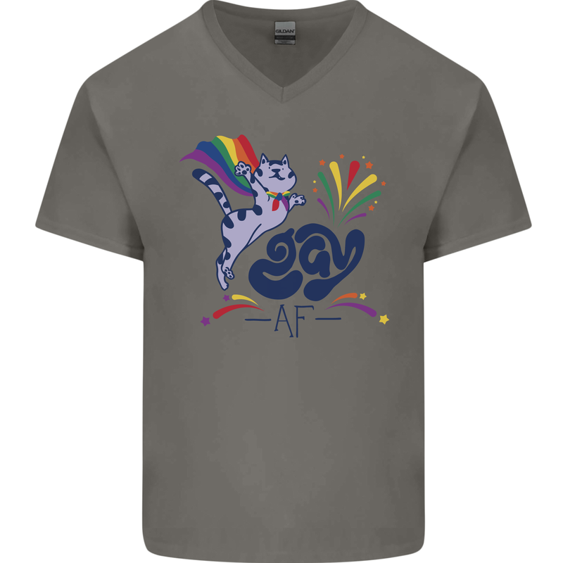 Cat Gay AF LGBT Gay Pride Mens V-Neck Cotton T-Shirt Charcoal