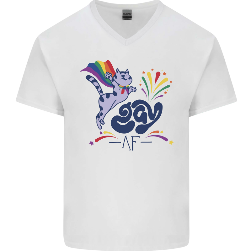 Cat Gay AF LGBT Gay Pride Mens V-Neck Cotton T-Shirt White