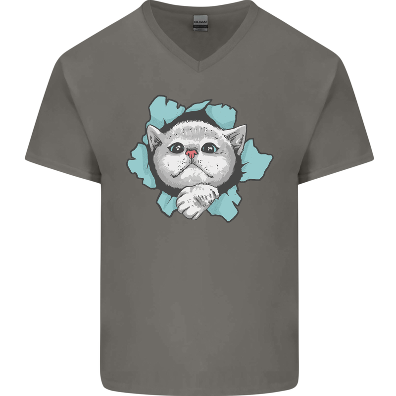 Cat Hole Mens V-Neck Cotton T-Shirt Charcoal