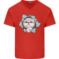 Cat Hole Mens V-Neck Cotton T-Shirt Red