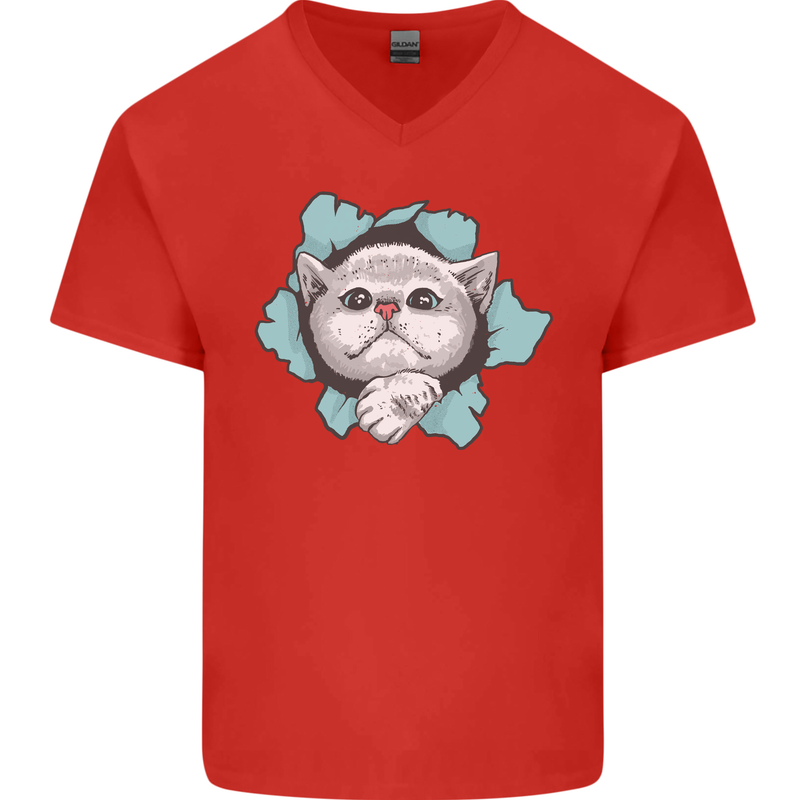 Cat Hole Mens V-Neck Cotton T-Shirt Red