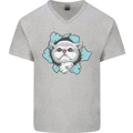 Cat Hole Mens V-Neck Cotton T-Shirt Sports Grey