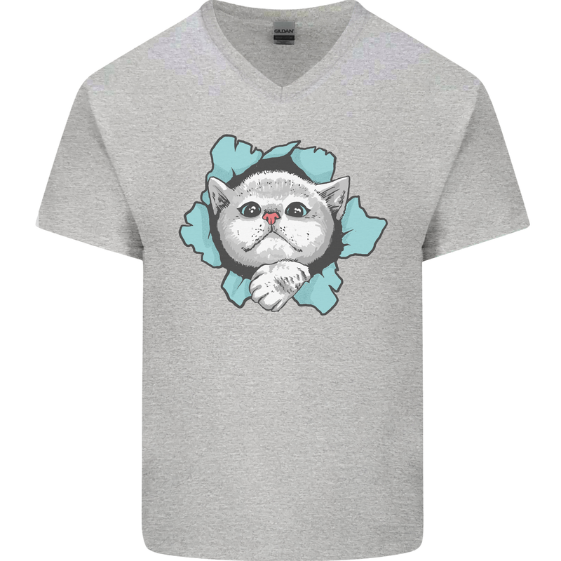 Cat Hole Mens V-Neck Cotton T-Shirt Sports Grey