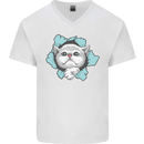Cat Hole Mens V-Neck Cotton T-Shirt White