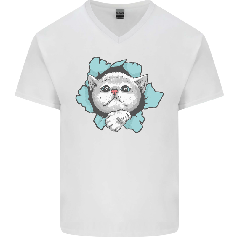 Cat Hole Mens V-Neck Cotton T-Shirt White