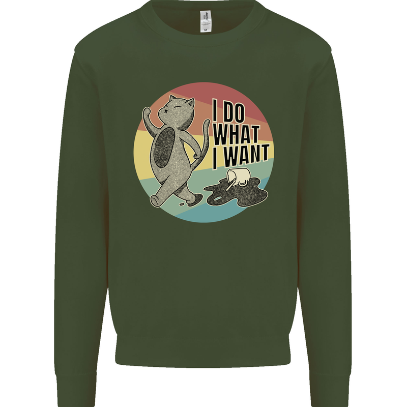 Cat I Do What I Want Funny Coffee Kids Sweatshirt Jumper Forest Green