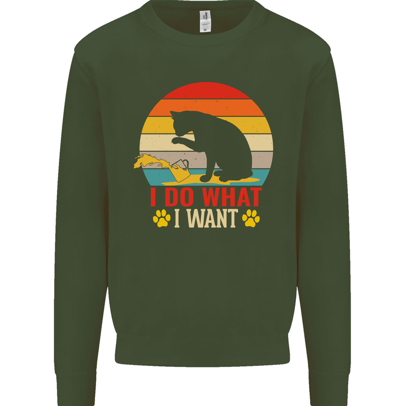 Cat I Do What I Want Funny Kitten Lover Kids Sweatshirt Jumper Forest Green
