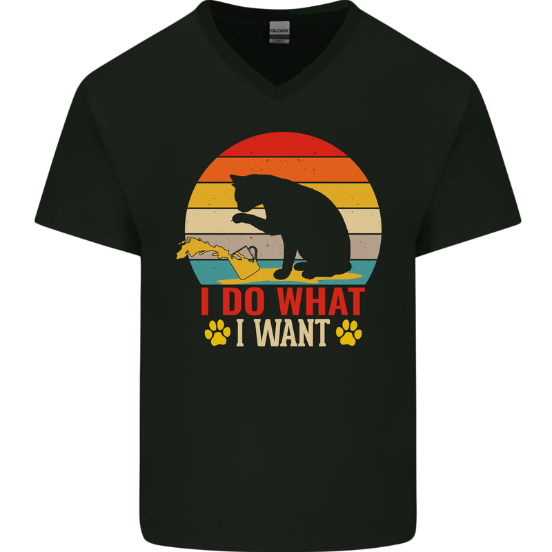 Cat I Do What I Want Funny Kitten Lover Mens V-Neck Cotton T-Shirt Black