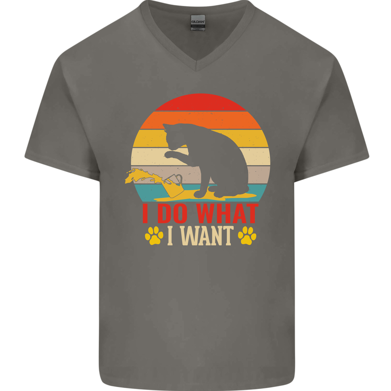 Cat I Do What I Want Funny Kitten Lover Mens V-Neck Cotton T-Shirt Charcoal