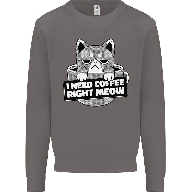 Cat I Need Coffee Right Meow Funny Mens Sweatshirt Jumper Charcoal