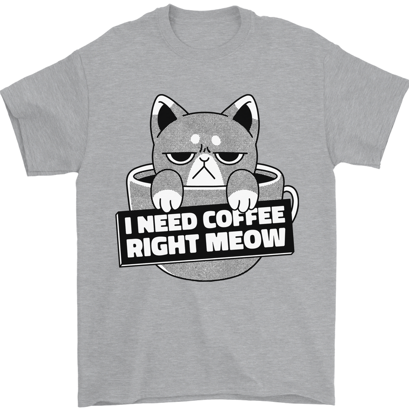 Cat I Need Coffee Right Meow Funny Mens T-Shirt Cotton Gildan Sports Grey