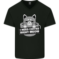Cat I Need Coffee Right Meow Funny Mens V-Neck Cotton T-Shirt Black