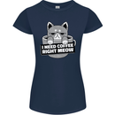 Cat I Need Coffee Right Meow Funny Womens Petite Cut T-Shirt Navy Blue
