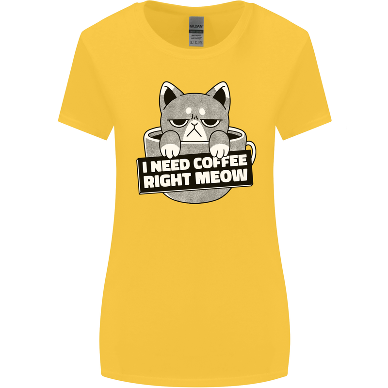Cat I Need Coffee Right Meow Funny Womens Wider Cut T-Shirt Yellow