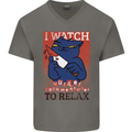 Cat I Watch Murder Documentaries to Relax Mens V-Neck Cotton T-Shirt Charcoal