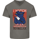 Cat I Watch Murder Documentaries to Relax Mens V-Neck Cotton T-Shirt Charcoal